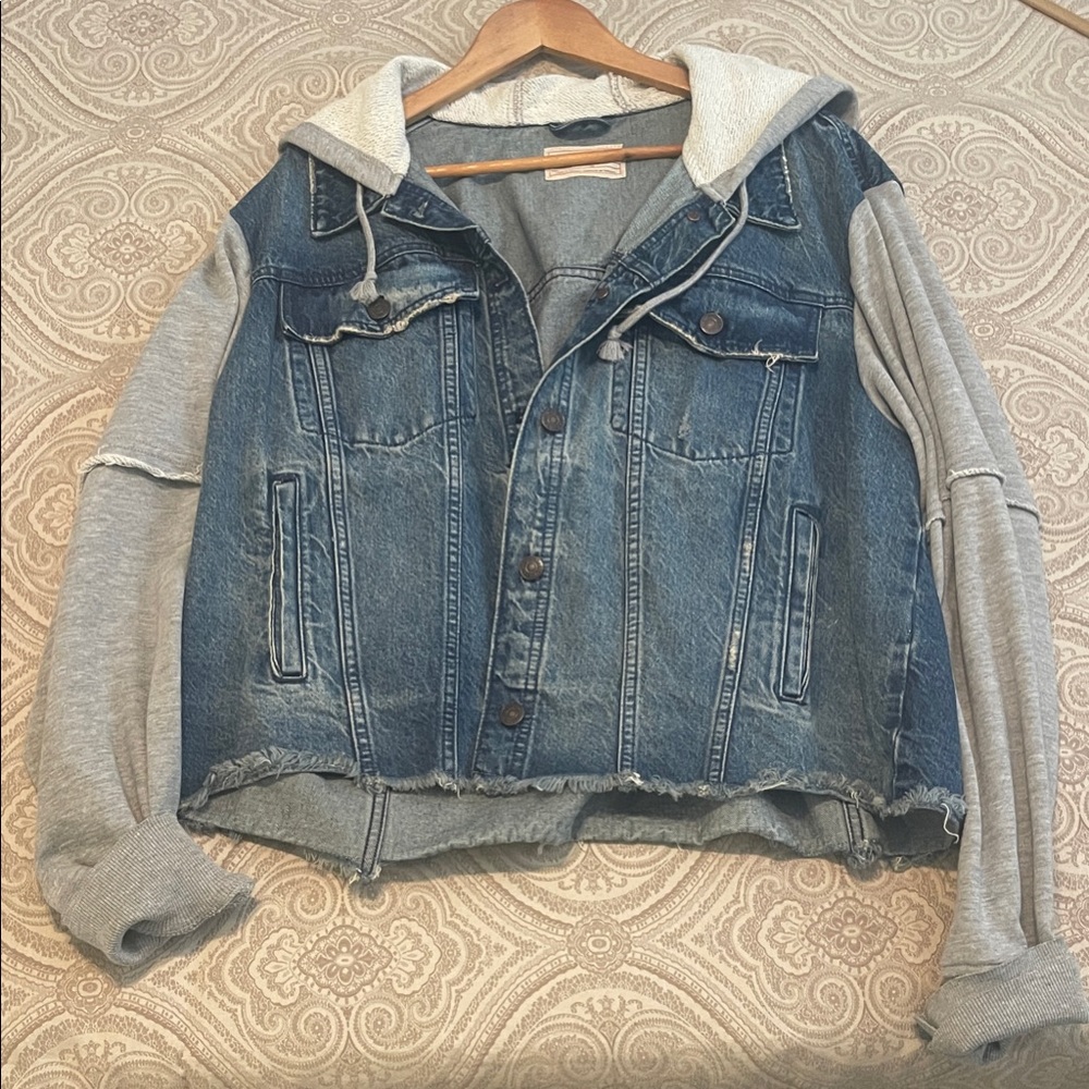 We The Free Blue and Gray Hooded Jean Jacket